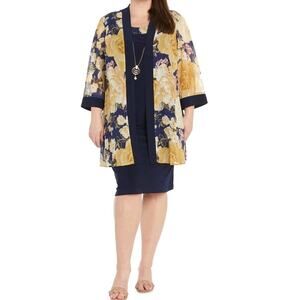Plus Size R & M Richards Sleeveless Sheath Dress Jacket & Necklace  16W NWT